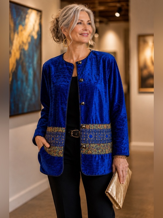 Stephanie Thomas Short Jackets & Blazers - Vintage Stephanie Thomas Sport Cobalt Blue Velvet Beaded Jacket Size 16